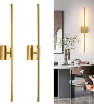 Gold Battery Operated Wall Sconces, Dimmable Wall Sconces with Remote Control, Rechargeable Sconces Wall Lighting, 24″ LED Wireless Wall Lights for Bedroom, Living Room, Bathroom, Hallways