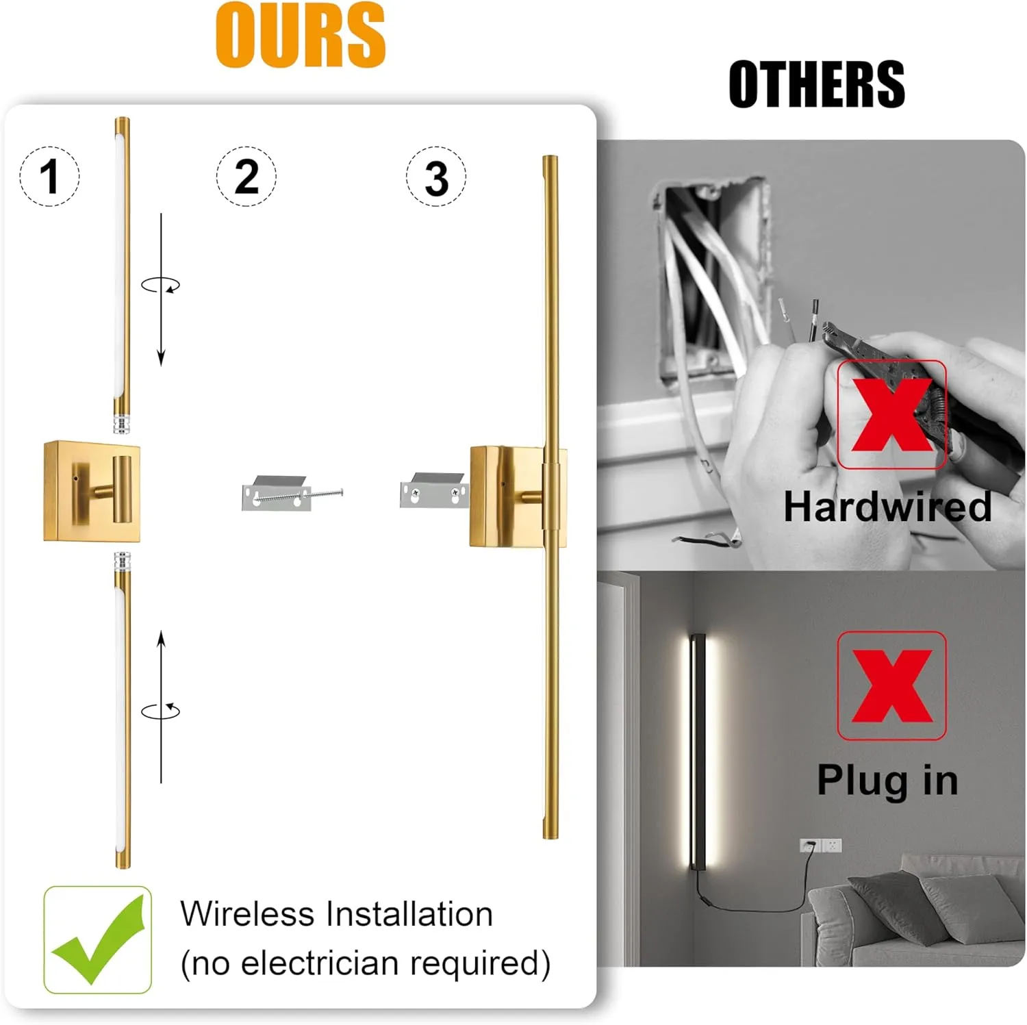 Gold Battery Operated Wall Sconces, Dimmable Wall Sconces with Remote Control, Rechargeable Sconces Wall Lighting, 24″ LED Wireless Wall Lights for Bedroom, Living Room, Bathroom, Hallways