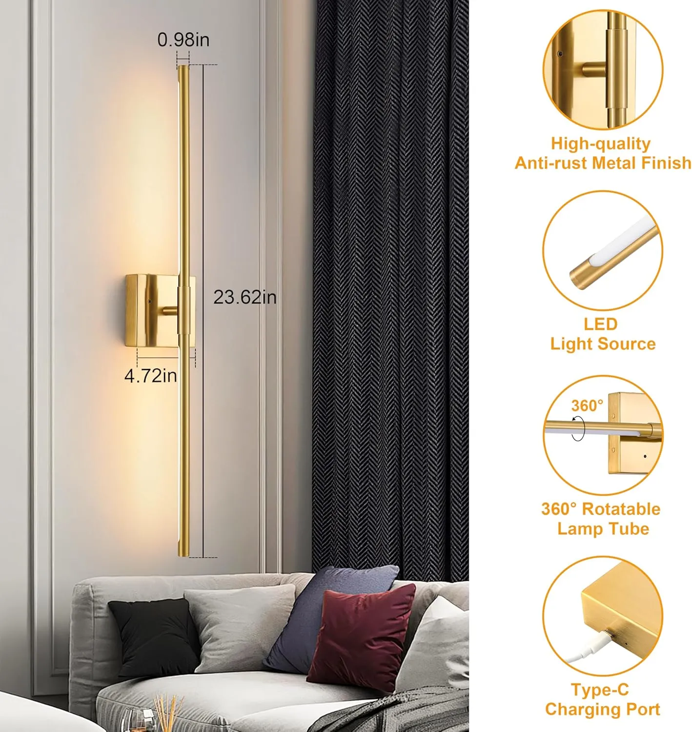 Gold Battery Operated Wall Sconces, Dimmable Wall Sconces with Remote Control, Rechargeable Sconces Wall Lighting, 24″ LED Wireless Wall Lights for Bedroom, Living Room, Bathroom, Hallways