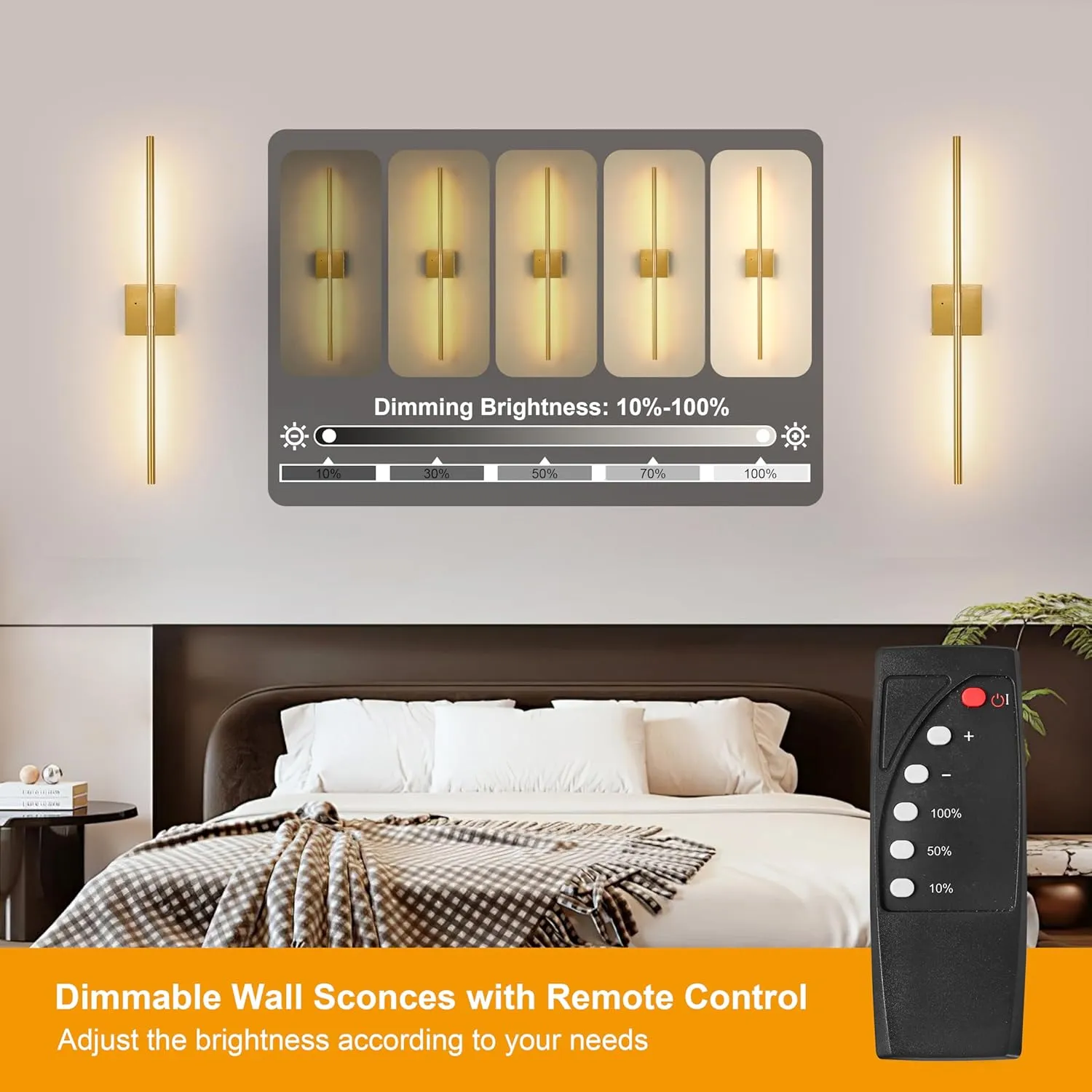 Gold Battery Operated Wall Sconces, Dimmable Wall Sconces with Remote Control, Rechargeable Sconces Wall Lighting, 24″ LED Wireless Wall Lights for Bedroom, Living Room, Bathroom, Hallways