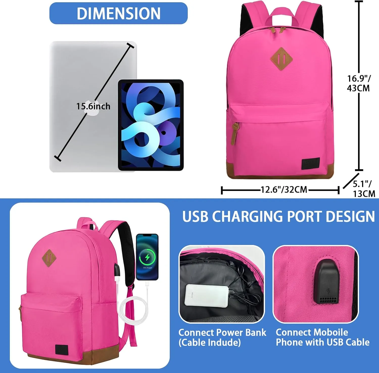 Goloni Classic Backpack with USB Charging Port,Water Resistant Anti-Theft Travel Backpack for Men & Women,Laptop Backpack,Fits 17.3 Inch Laptop,Rose