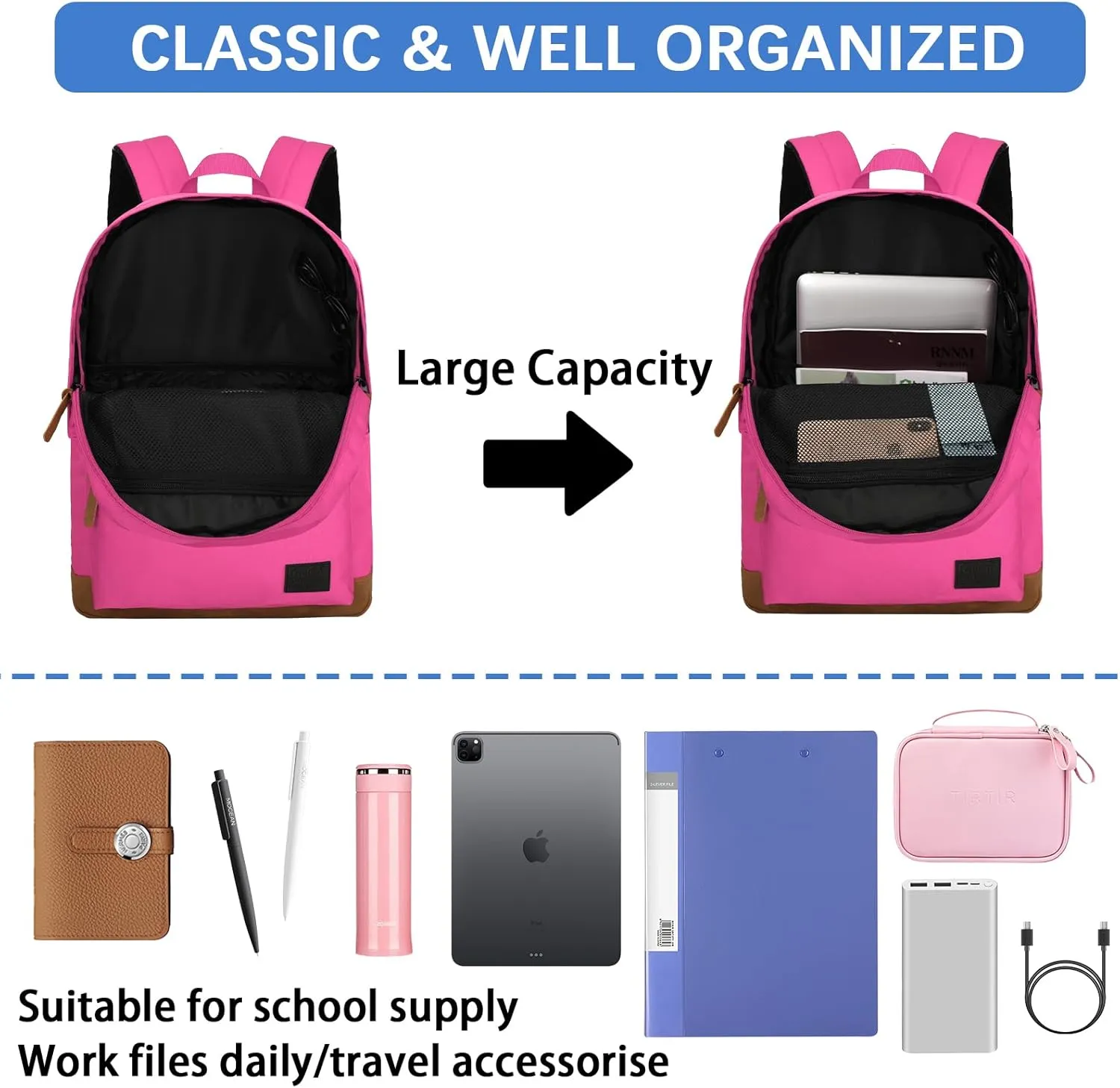 Goloni Classic Backpack with USB Charging Port,Water Resistant Anti-Theft Travel Backpack for Men & Women,Laptop Backpack,Fits 17.3 Inch Laptop,Rose