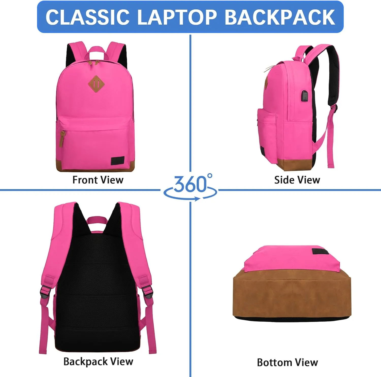 Goloni Classic Backpack with USB Charging Port,Water Resistant Anti-Theft Travel Backpack for Men & Women,Laptop Backpack,Fits 17.3 Inch Laptop,Rose