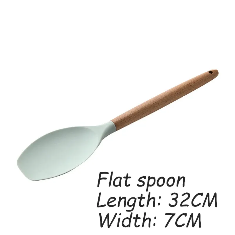 Green Silicone Utensils Cooking Kitchenware Tool Set With Wooden Multifunction Handle Non-Stick Spatula Ladle Egg Beaters Shovel