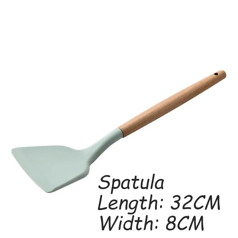 Green Silicone Utensils Cooking Kitchenware Tool Set With Wooden Multifunction Handle Non-Stick Spatula Ladle Egg Beaters Shovel