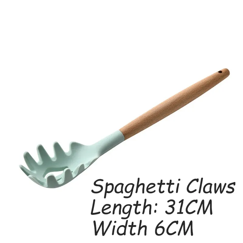 Green Silicone Utensils Cooking Kitchenware Tool Set With Wooden Multifunction Handle Non-Stick Spatula Ladle Egg Beaters Shovel