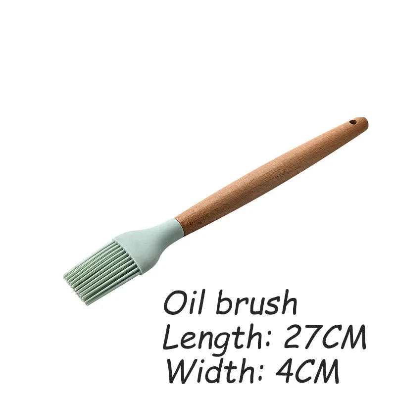 Green Silicone Utensils Cooking Kitchenware Tool Set With Wooden Multifunction Handle Non-Stick Spatula Ladle Egg Beaters Shovel