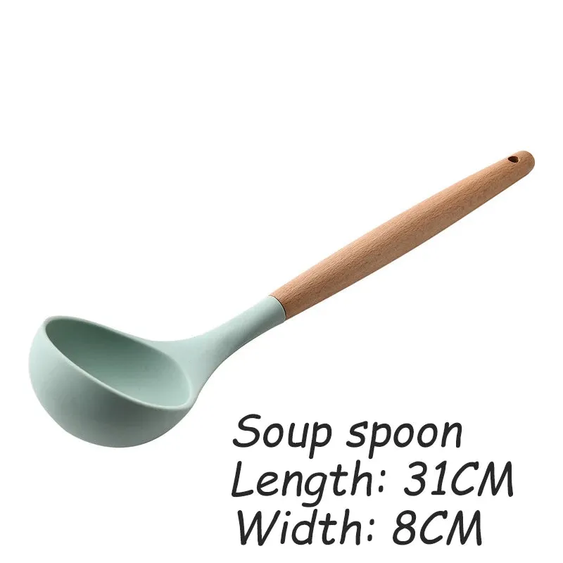 Green Silicone Utensils Cooking Kitchenware Tool Set With Wooden Multifunction Handle Non-Stick Spatula Ladle Egg Beaters Shovel