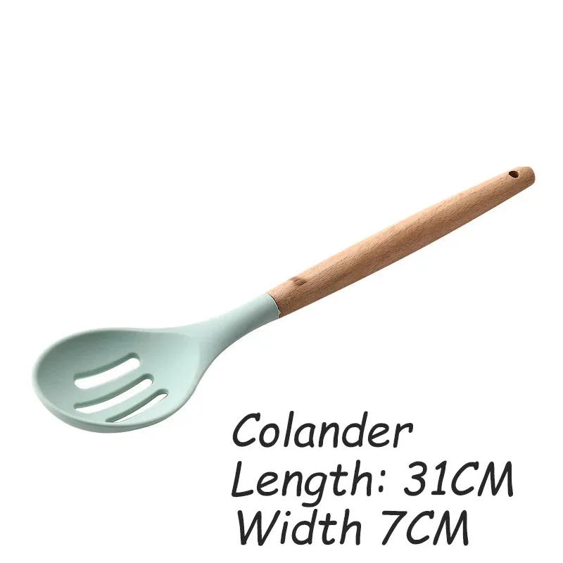 Green Silicone Utensils Cooking Kitchenware Tool Set With Wooden Multifunction Handle Non-Stick Spatula Ladle Egg Beaters Shovel