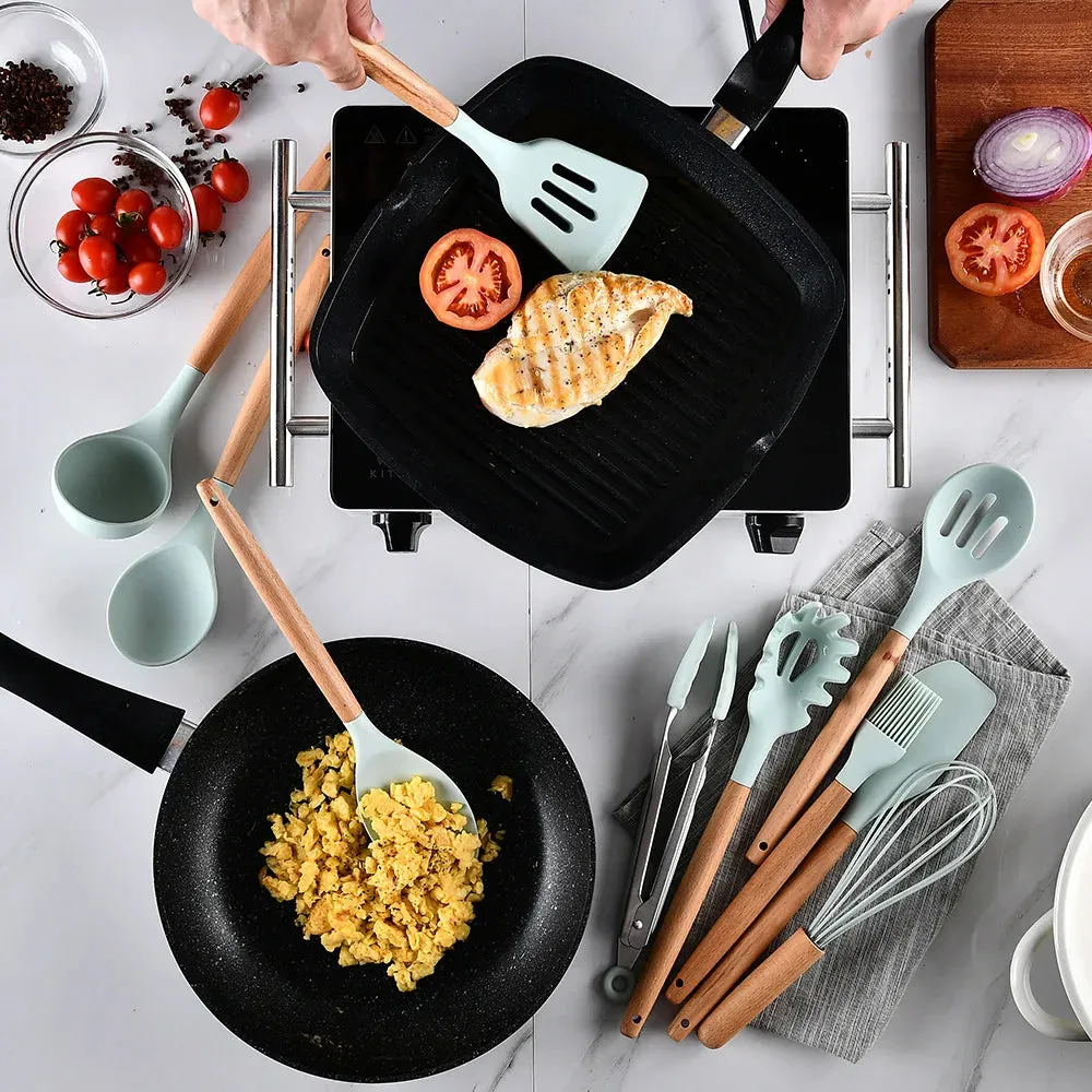 Green Silicone Utensils Cooking Kitchenware Tool Set With Wooden Multifunction Handle Non-Stick Spatula Ladle Egg Beaters Shovel