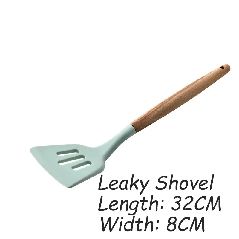 Green Silicone Utensils Cooking Kitchenware Tool Set With Wooden Multifunction Handle Non-Stick Spatula Ladle Egg Beaters Shovel