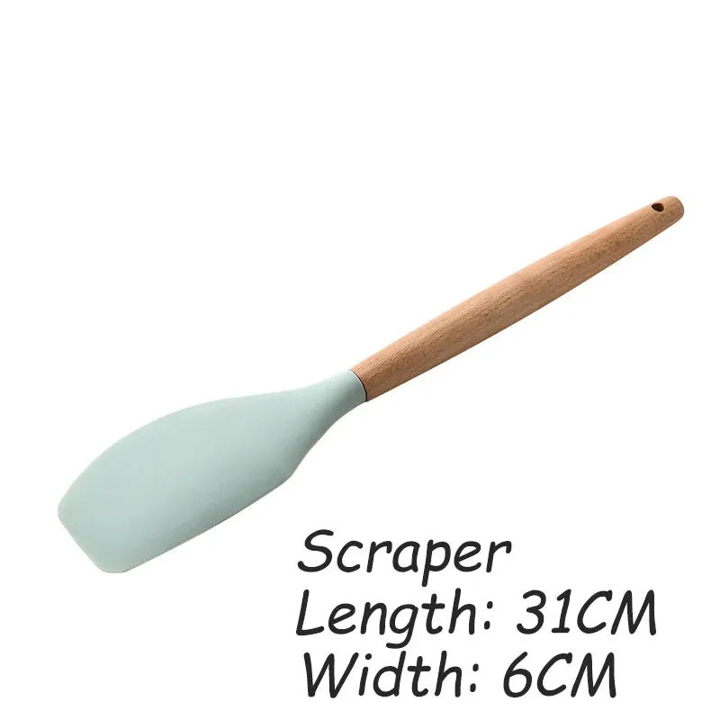 Green Silicone Utensils Cooking Kitchenware Tool Set With Wooden Multifunction Handle Non-Stick Spatula Ladle Egg Beaters Shovel