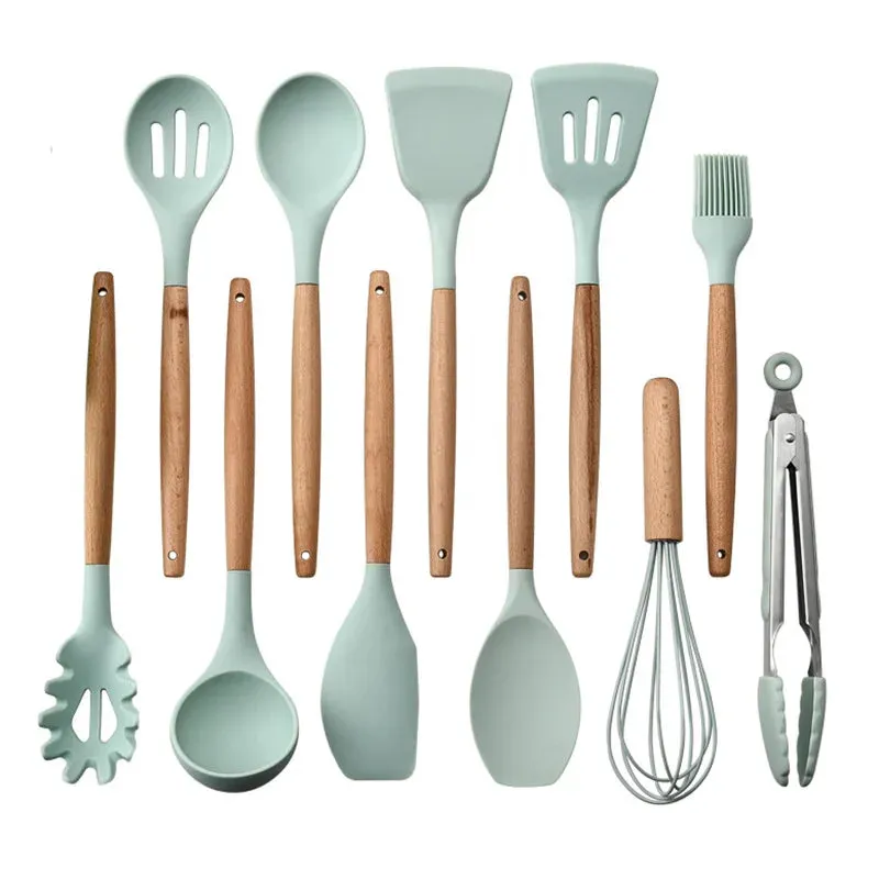 Green Silicone Utensils Cooking Kitchenware Tool Set With Wooden Multifunction Handle Non-Stick Spatula Ladle Egg Beaters Shovel