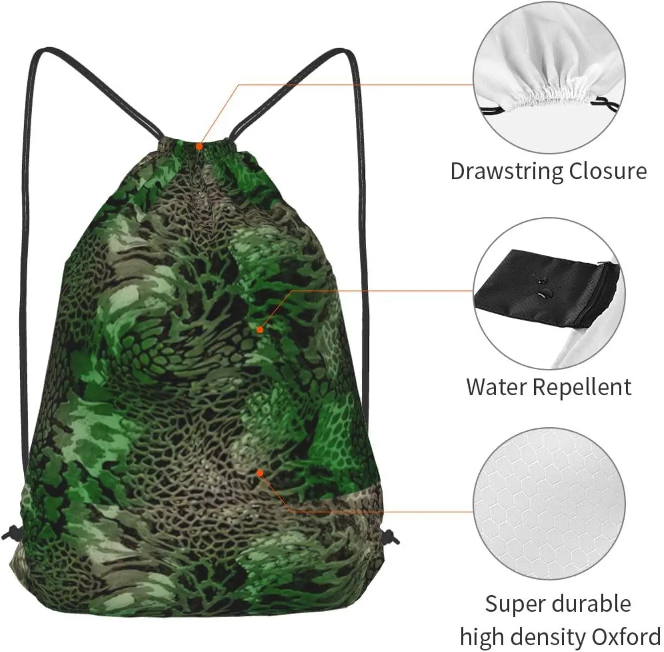 Green Snake Drawstring Cinch Backpack Polyester Sack Pack String Bag For Hiking Camping Adventure