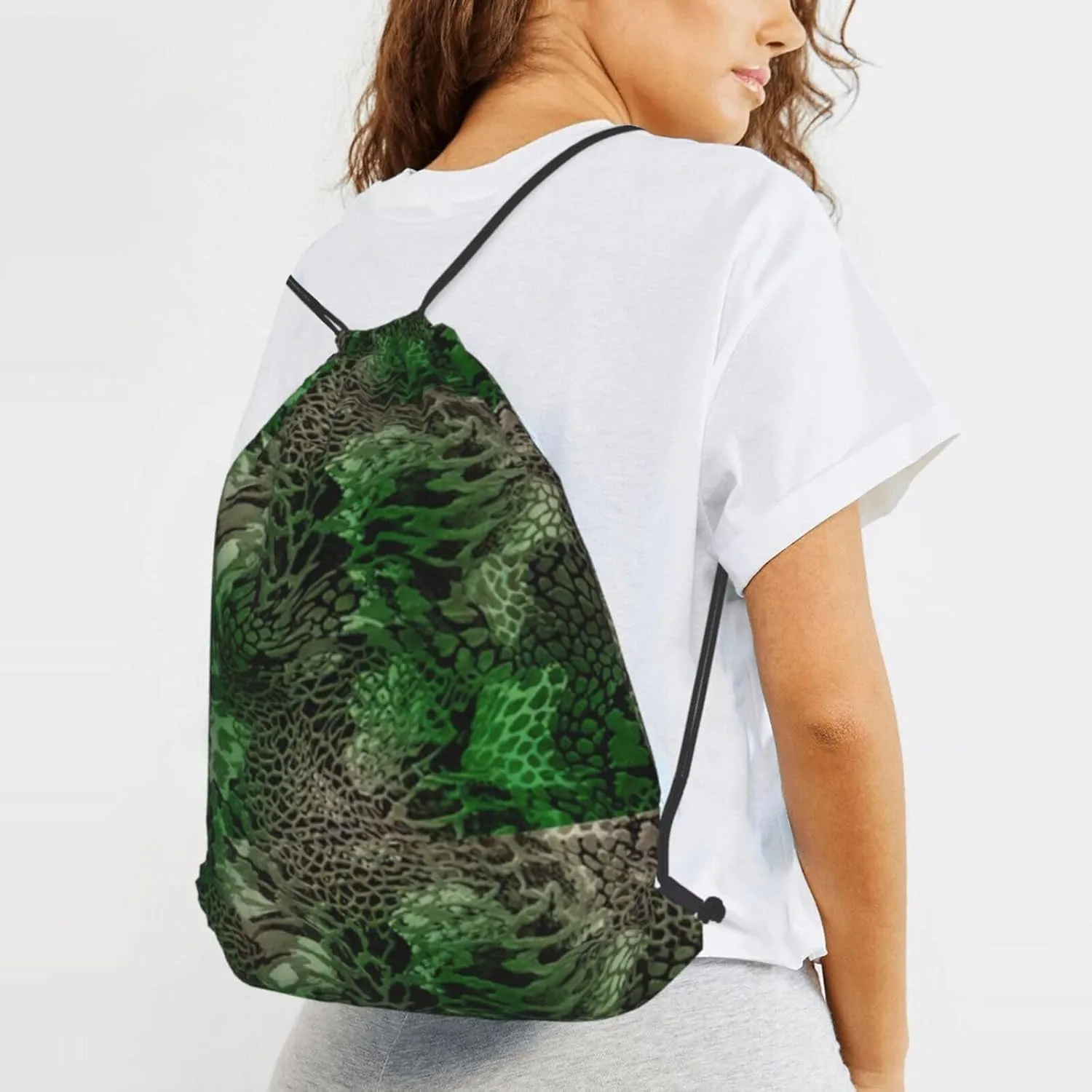 Green Snake Drawstring Cinch Backpack Polyester Sack Pack String Bag For Hiking Camping Adventure