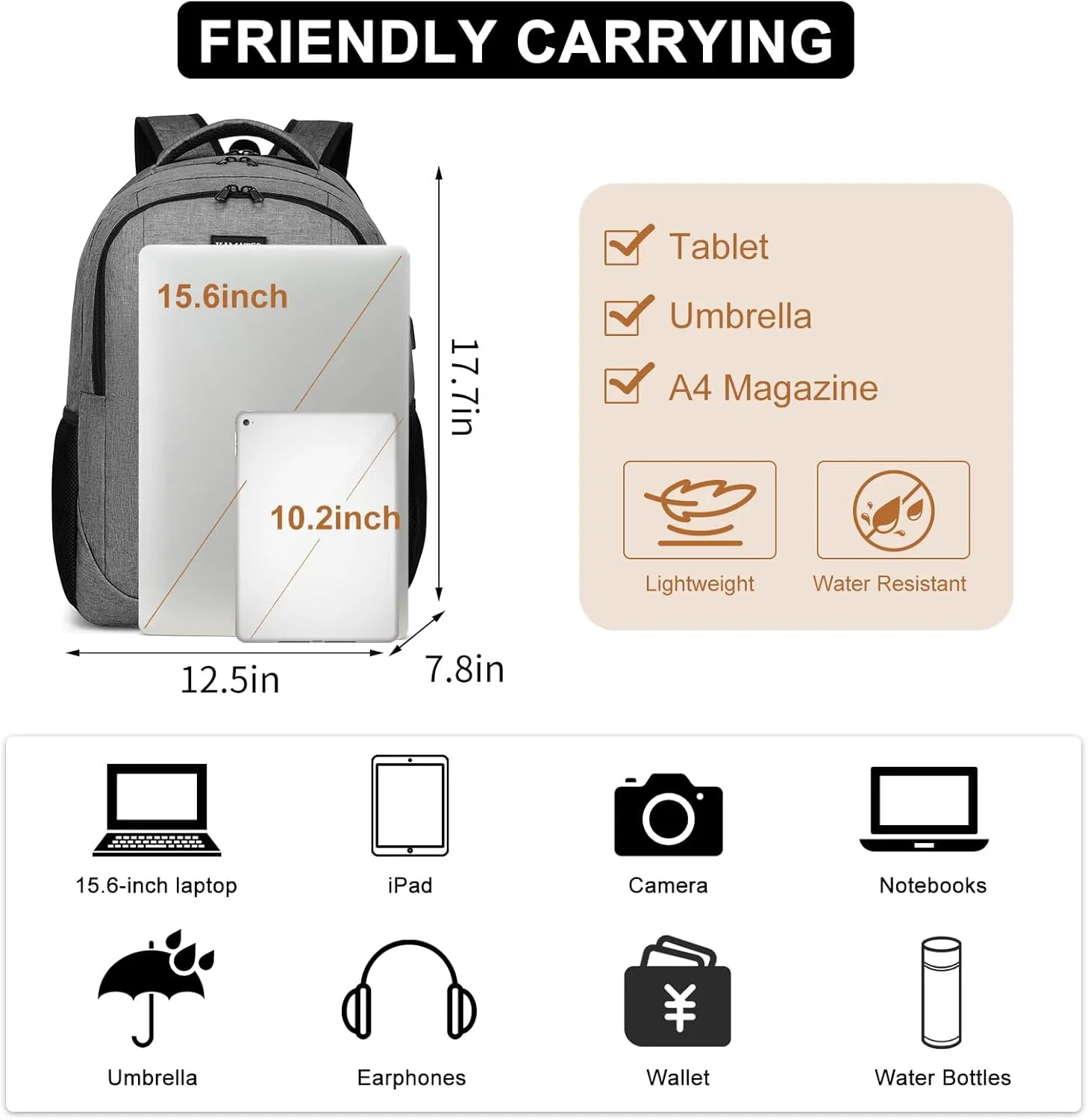 Grey Backpack for School, School BackPack for Teens, Girls and Boys, with 15.6 inch Laptop Bookbag for College, Large Computer Back Pack with Compartments for Men & Women…