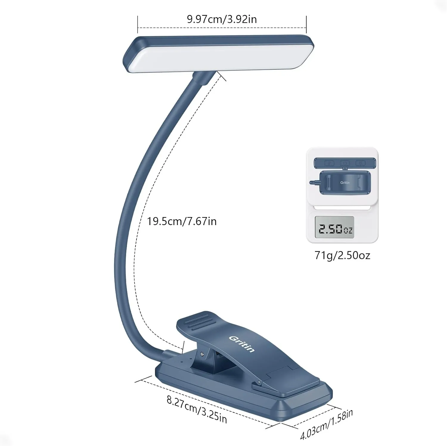 Gritin 19 LED Rechargeable Book Light for Reading in Bed with Memory Function- Eye Caring 3 Color Temperatures,Stepless Dimming Brightness,80 Hrs Runtime Clip on Light for Book Lovers-Pacific Blue