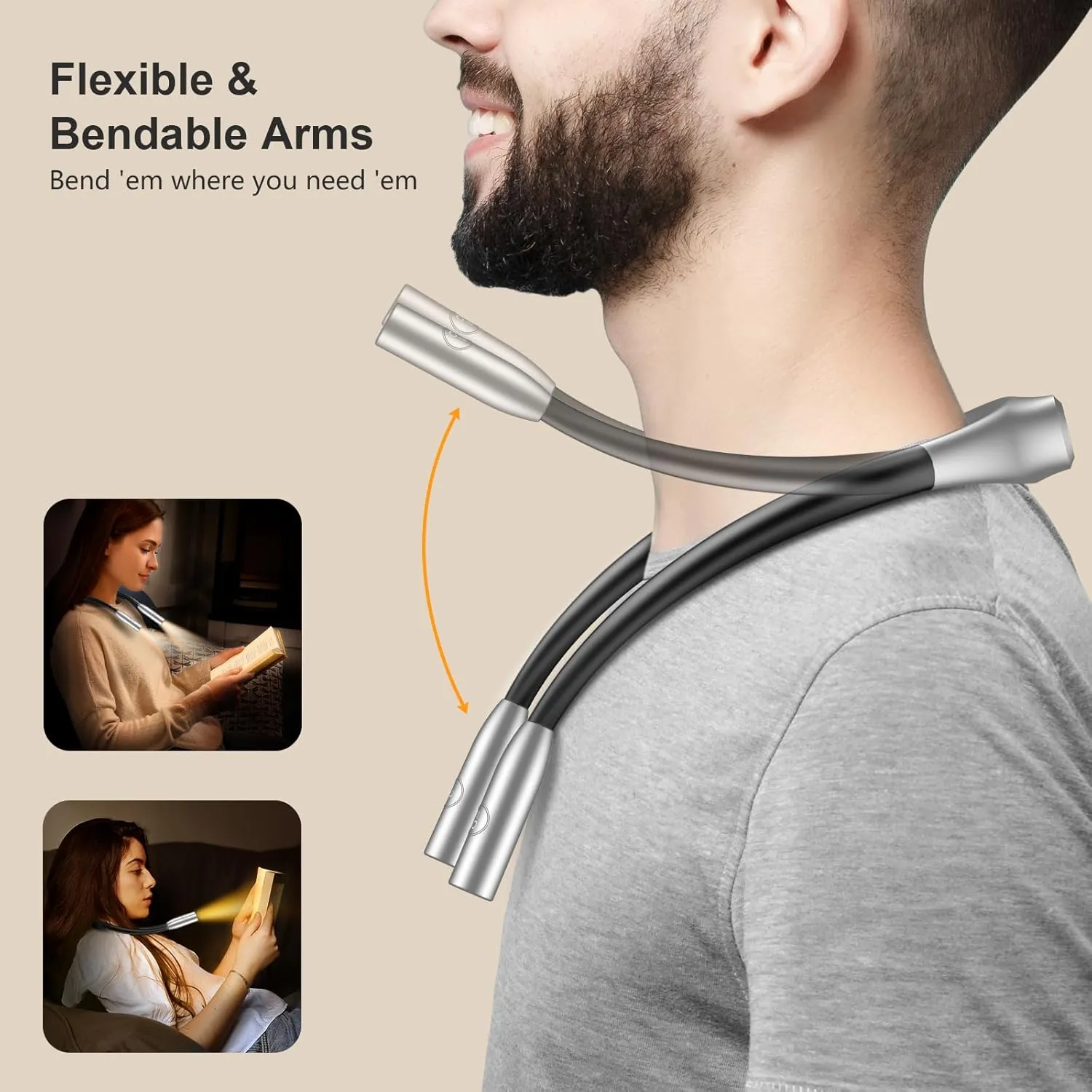 Gritin LED Neck Reading Light,Book Light for Reading in Bed-Eye Caring 3 Colors, Dimmable Brightness, Bendable Arms, 80 Hrs Runtime, Neck Round Design, Lightweight for Crafting, Knitting-Gray