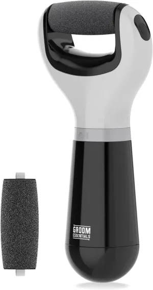 Groom Essentials Callus Remover for Feet – Electric Pedicure Tool & Foot Scrubber with 2 Spinning Pumice Heads, Battery-Operated, Heel Scraper for Dry Skin, Cracked Heels & Foot Health