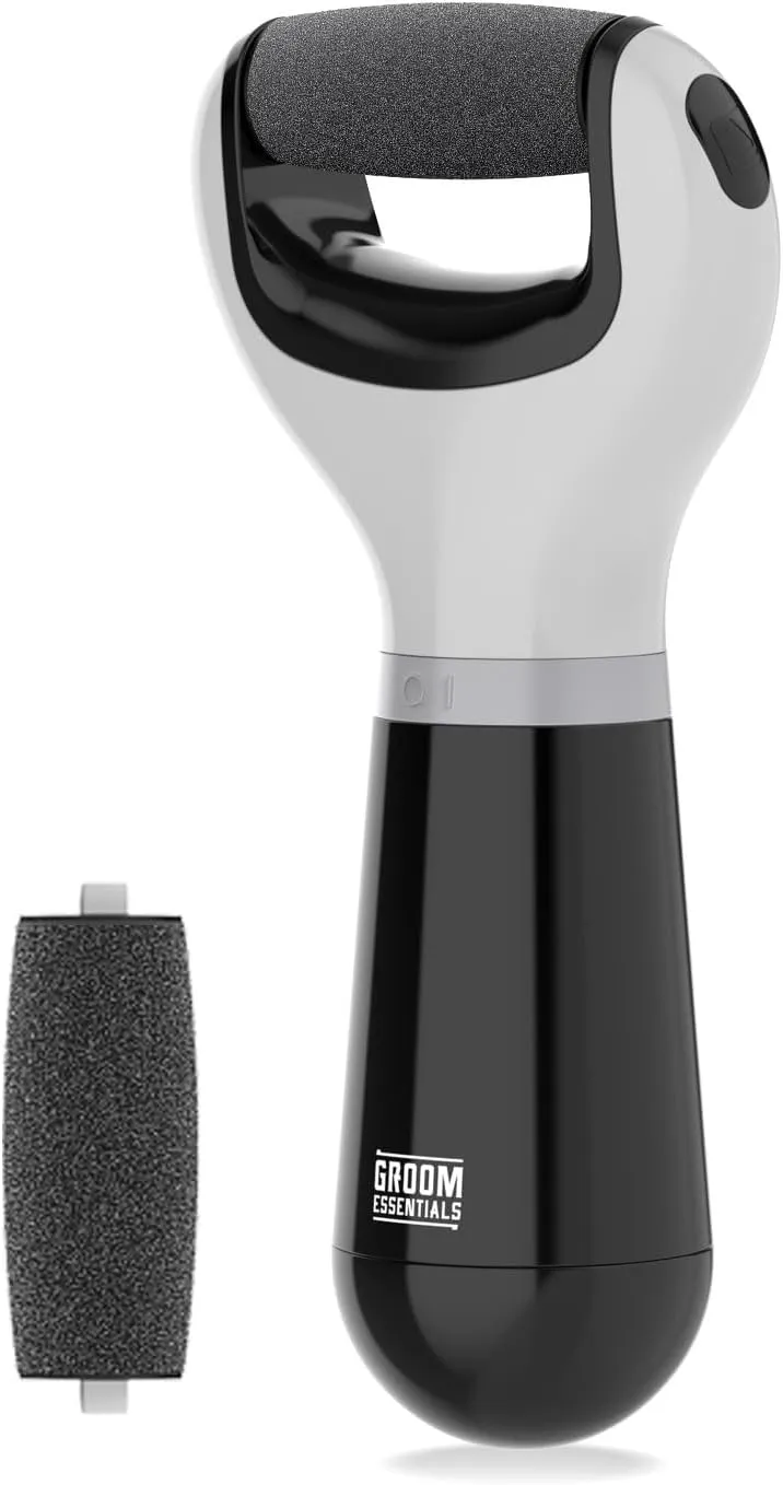 Groom Essentials Callus Remover for Feet – Electric Pedicure Tool & Foot Scrubber with 2 Spinning Pumice Heads, Battery-Operated, Heel Scraper for Dry Skin, Cracked Heels & Foot Health