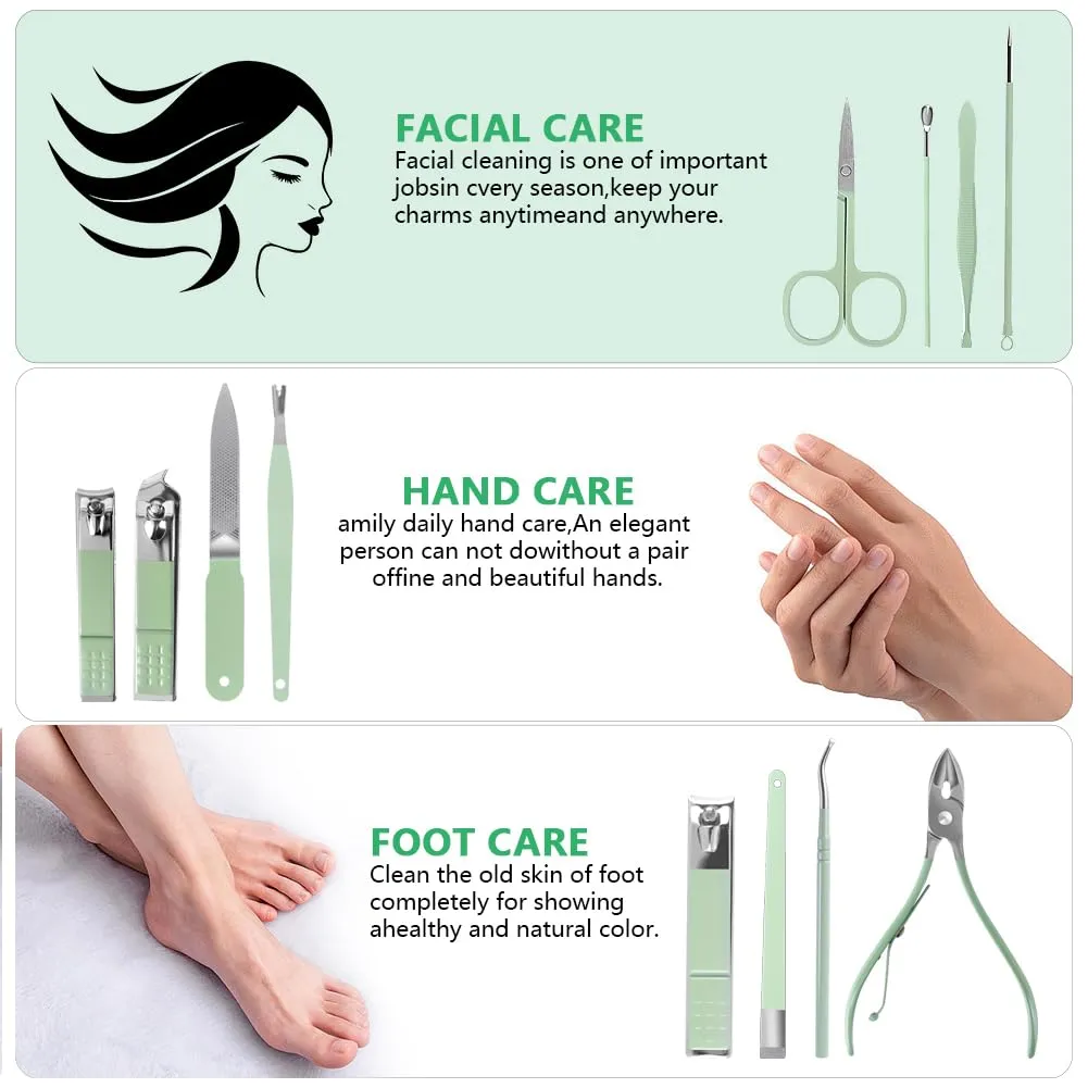 Grooming Kit Manicure Set 12 in 1 Stainless Steel Nail Clipper Set, Facial, Hand, Foot Care, Nail Clippers, Nail File, Cuticle Nail Care Tools for Men and Women with Leather Case (Green)