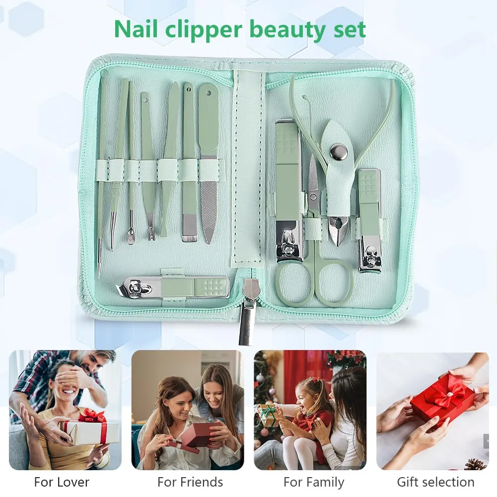 Grooming Kit Manicure Set 12 in 1 Stainless Steel Nail Clipper Set, Facial, Hand, Foot Care, Nail Clippers, Nail File, Cuticle Nail Care Tools for Men and Women with Leather Case (Green)