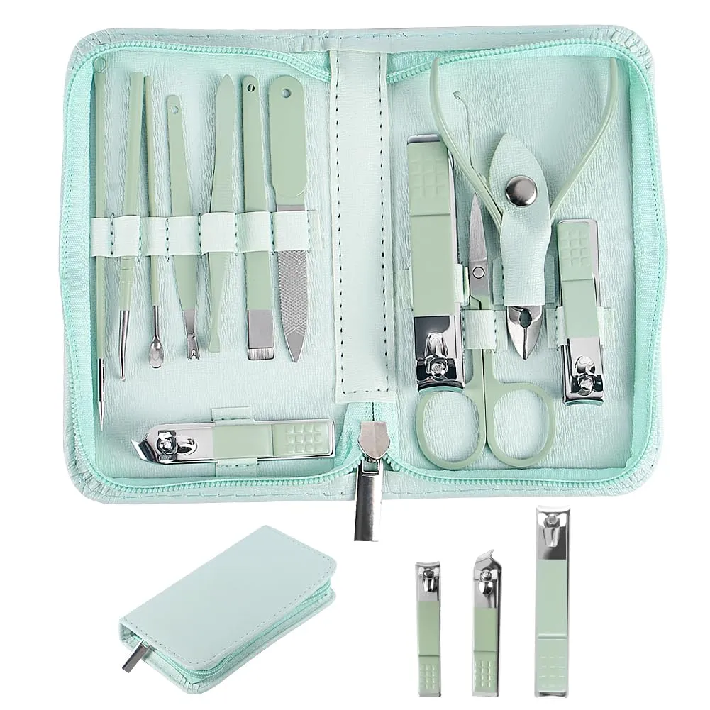 Grooming Kit Manicure Set 12 in 1 Stainless Steel Nail Clipper Set, Facial, Hand, Foot Care, Nail Clippers, Nail File, Cuticle Nail Care Tools for Men and Women with Leather Case (Green)
