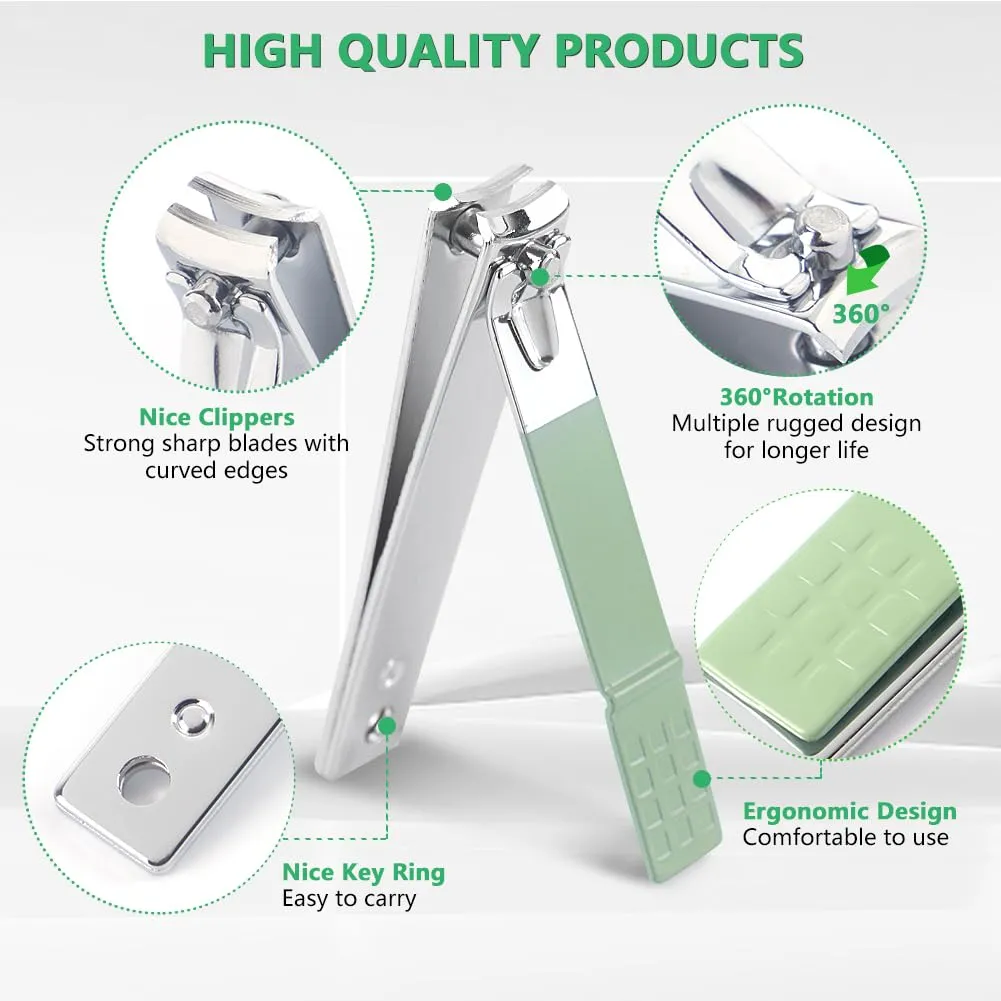 Grooming Kit Manicure Set 12 in 1 Stainless Steel Nail Clipper Set, Facial, Hand, Foot Care, Nail Clippers, Nail File, Cuticle Nail Care Tools for Men and Women with Leather Case (Green)