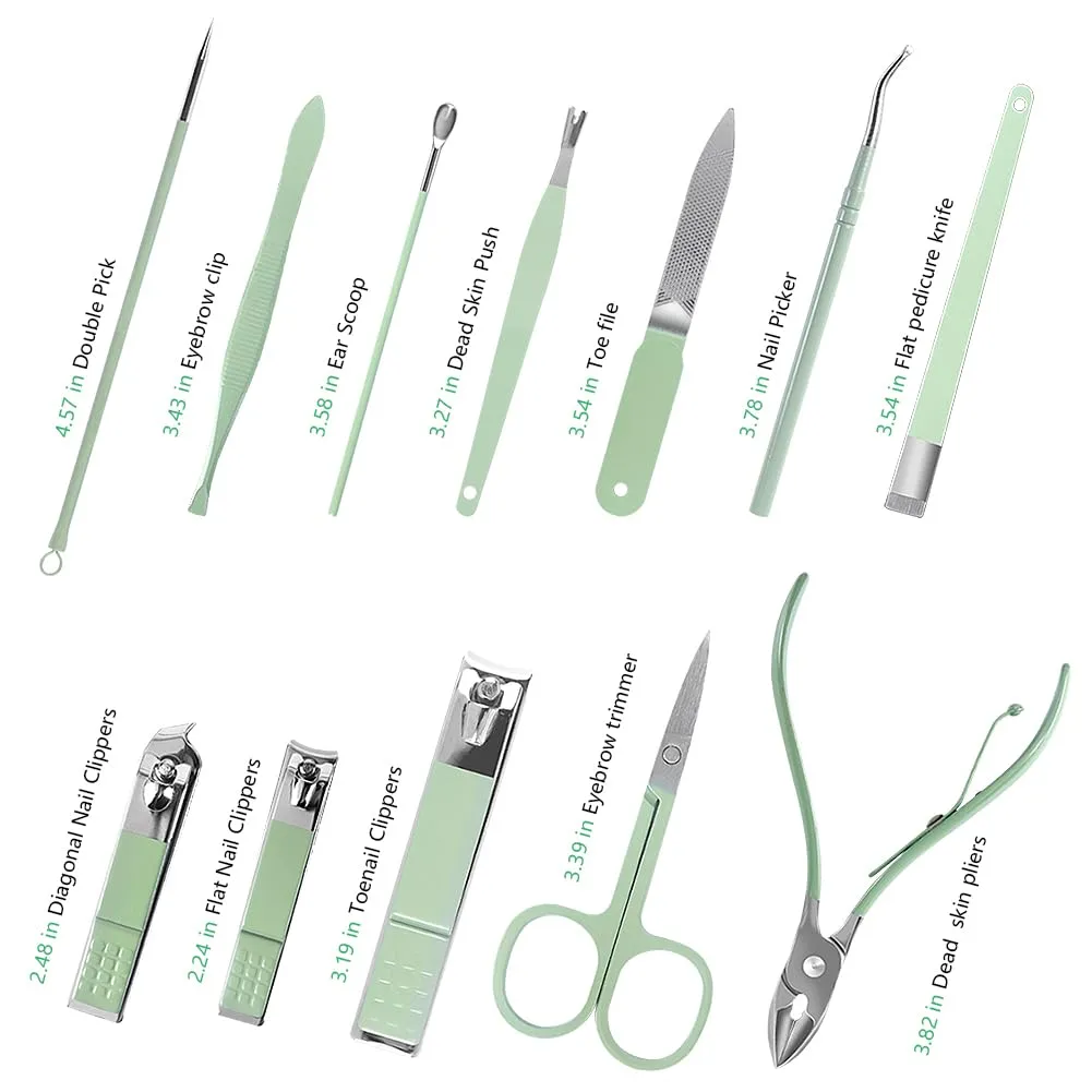 Grooming Kit Manicure Set 12 in 1 Stainless Steel Nail Clipper Set, Facial, Hand, Foot Care, Nail Clippers, Nail File, Cuticle Nail Care Tools for Men and Women with Leather Case (Green)