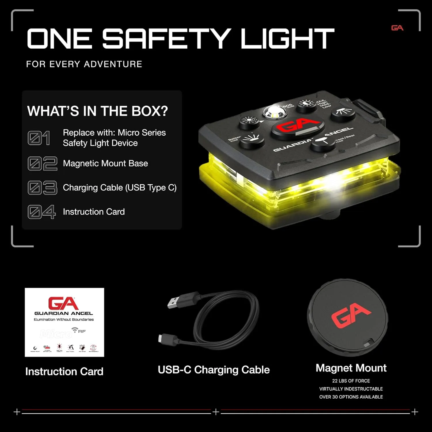 Guardian Angel Micro Series Safety Lights, Beacon Device (Yellow Front & Yellow Rear) |Rechargeable & Hands-Free Wearable LED Light for Dog Walking, Cycling, Hiking, Camping & Fishing