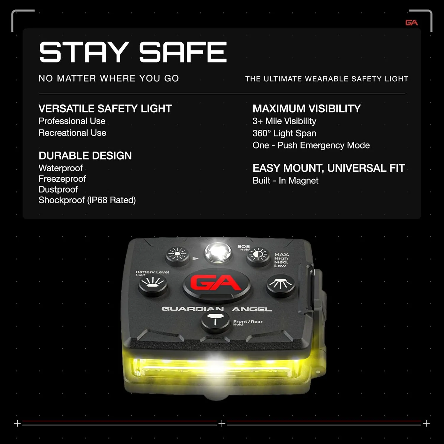 Guardian Angel Micro Series Safety Lights, Beacon Device (Yellow Front & Yellow Rear) |Rechargeable & Hands-Free Wearable LED Light for Dog Walking, Cycling, Hiking, Camping & Fishing