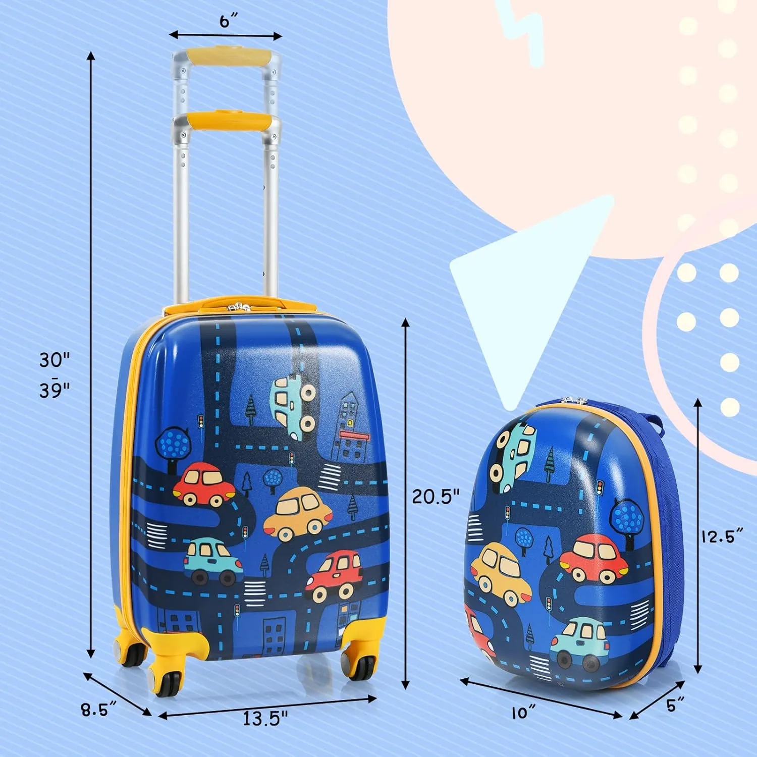 GYMAX 2Pc Kid Carry On Luggage Set, 12" & 18" Kids Suitcase with 4 Spinner Wheels, Travel Rolling Trolley