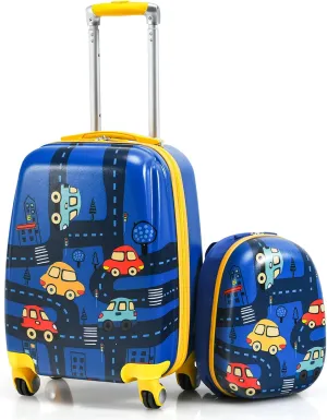 GYMAX 2Pc Kid Carry On Luggage Set, 12" & 18" Kids Suitcase with 4 Spinner Wheels, Travel Rolling Trolley