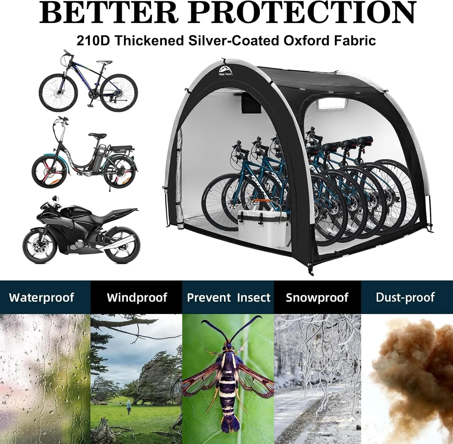 Happy Travel Bike Storage Shed Tent,Outdoor Portable Bicycle Storage Sheds with 210D Oxford Fabric PU4000 Waterproof for 2/3/4/6/8 Bikes,Bike Covers Shelter for Motorcycle,Garden Tools,Toys,Lawn Mower