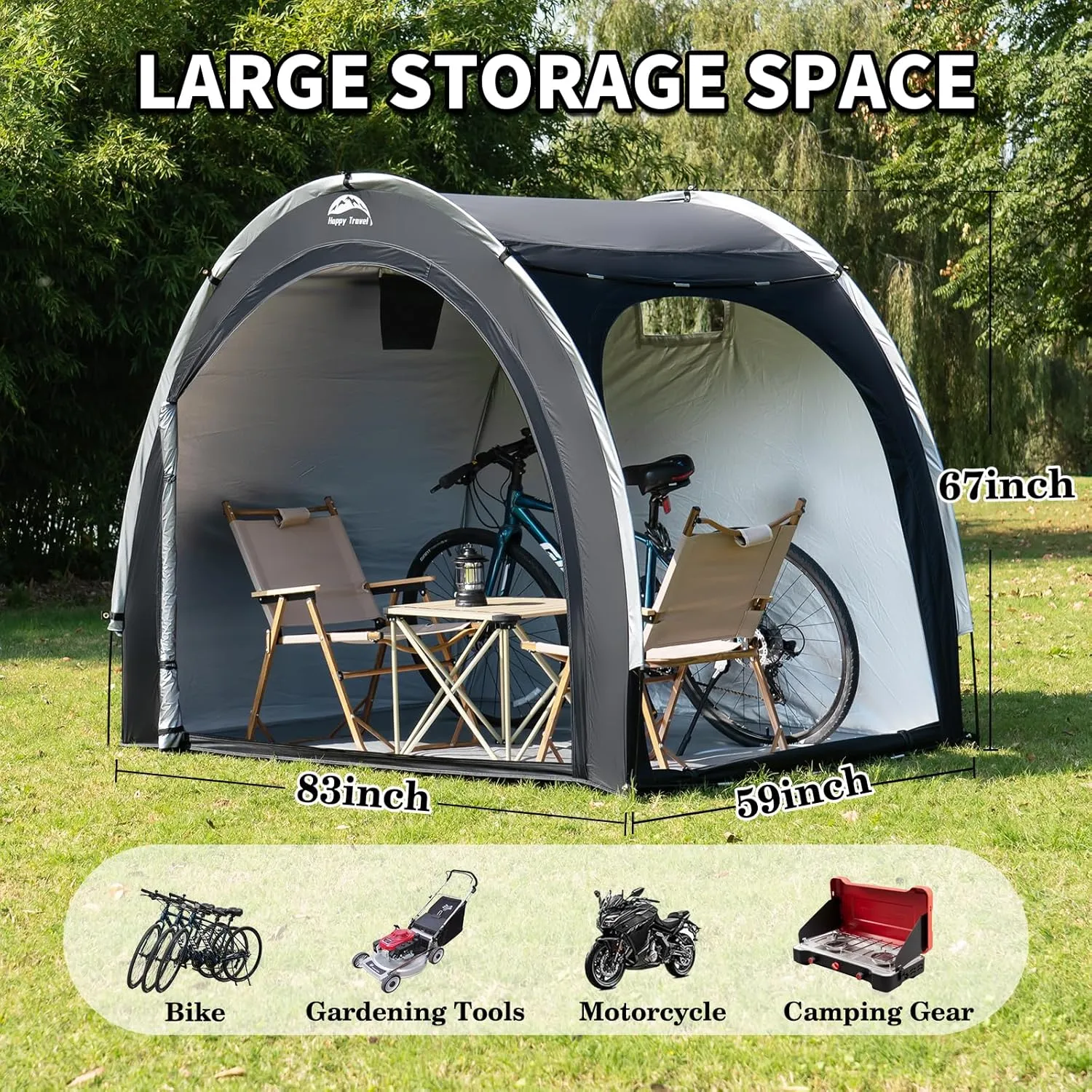 Happy Travel Bike Storage Shed Tent,Outdoor Portable Bicycle Storage Sheds with 210D Oxford Fabric PU4000 Waterproof for 2/3/4/6/8 Bikes,Bike Covers Shelter for Motorcycle,Garden Tools,Toys,Lawn Mower
