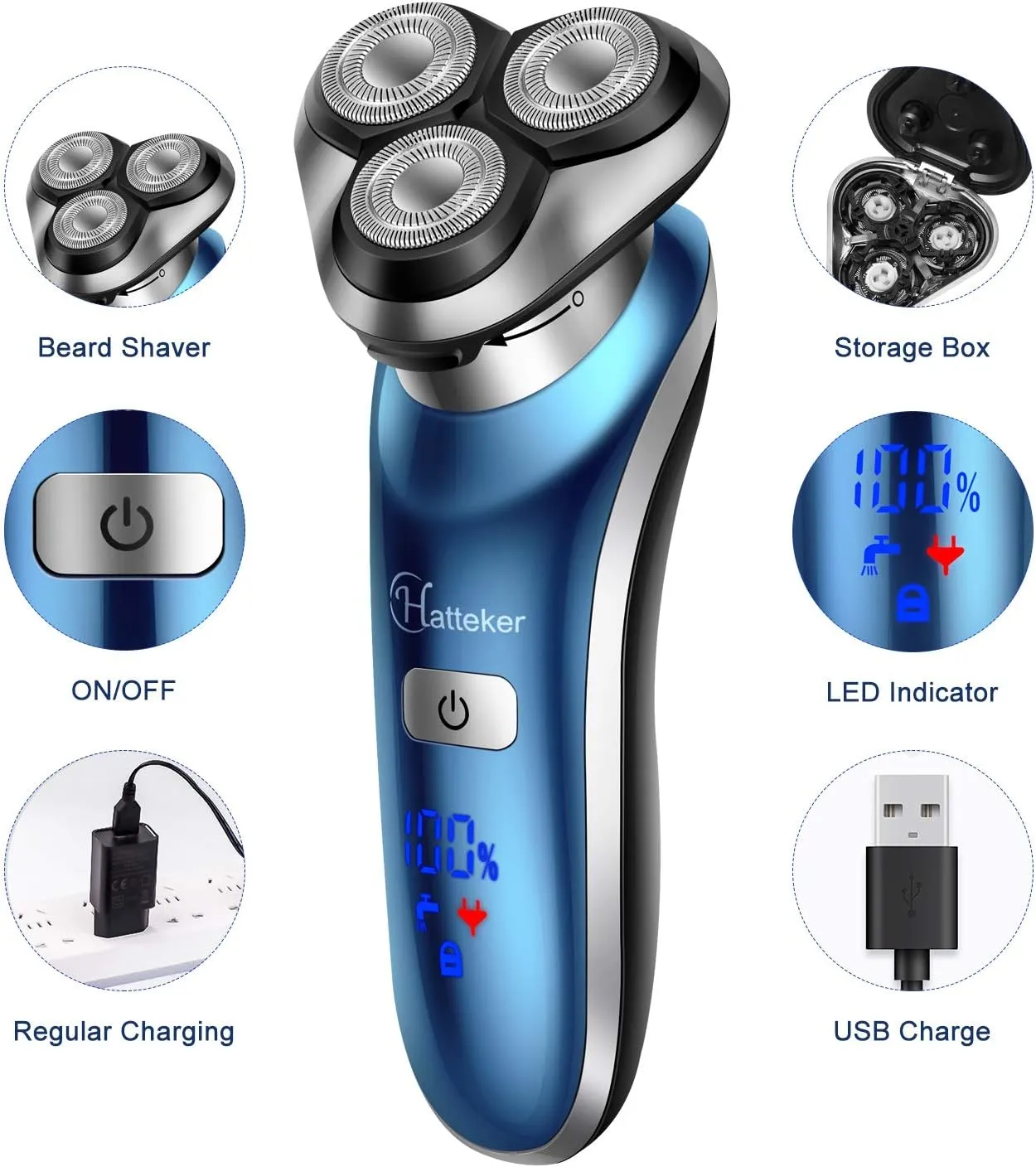 Hatteker Electric Shaver for Men Trimmer for Men Cordless Rechargeable Beard Nose Hair Face Trimmer Rotary Razor USB Groomer Waterproof Wet Dry 4 in 1