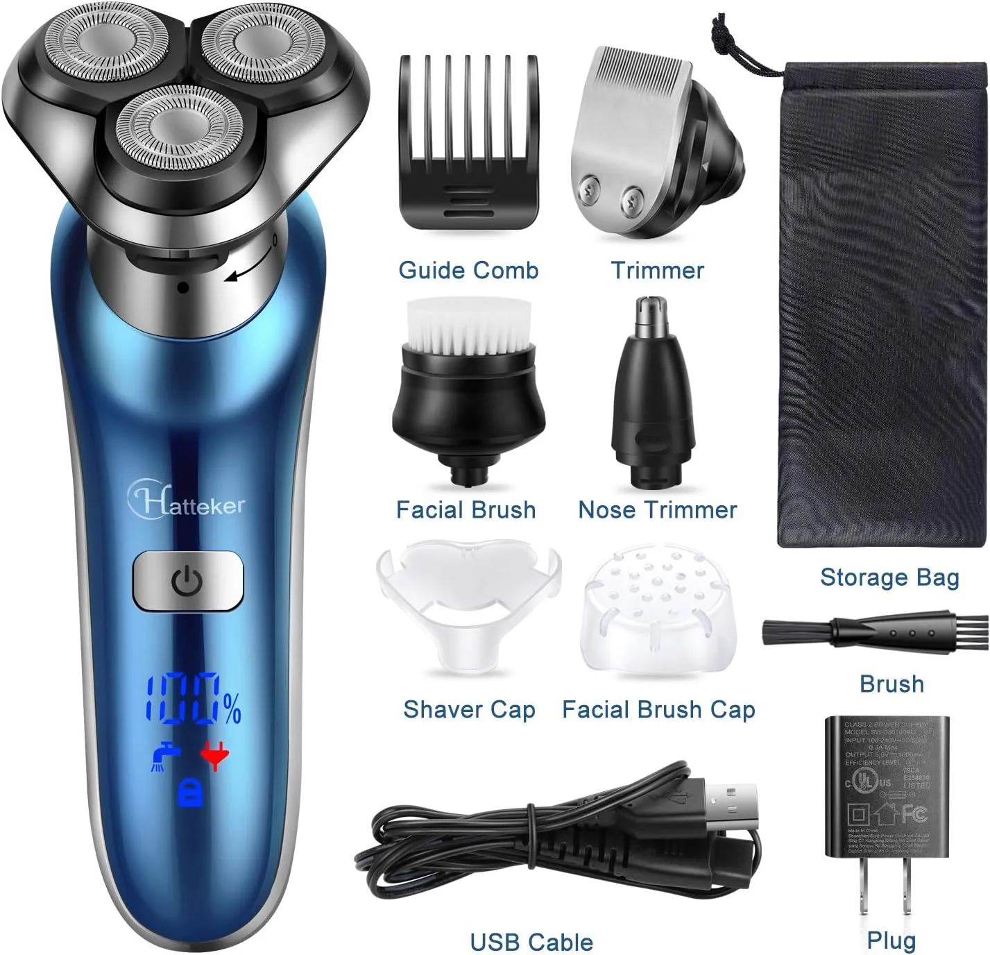 Hatteker Electric Shaver for Men Trimmer for Men Cordless Rechargeable Beard Nose Hair Face Trimmer Rotary Razor USB Groomer Waterproof Wet Dry 4 in 1