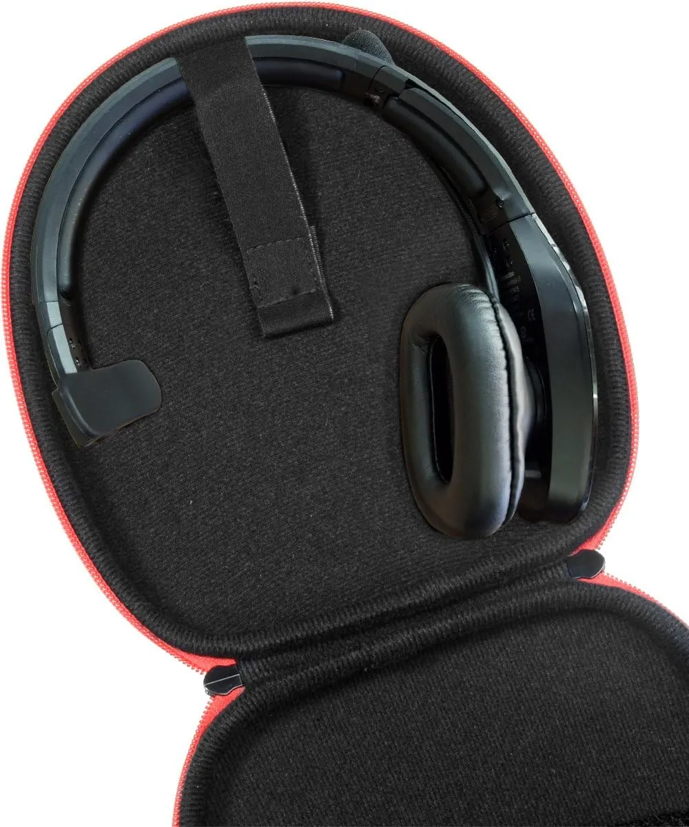 Headset Case for VXi BlueParrott B450-XT, B450-XT -204010-C, B350-XT, B250-XTS, C400-XT, Mesh pocket for cable, amplifier and other accessories, detachable wrist strap for easy carry, Black   red zip