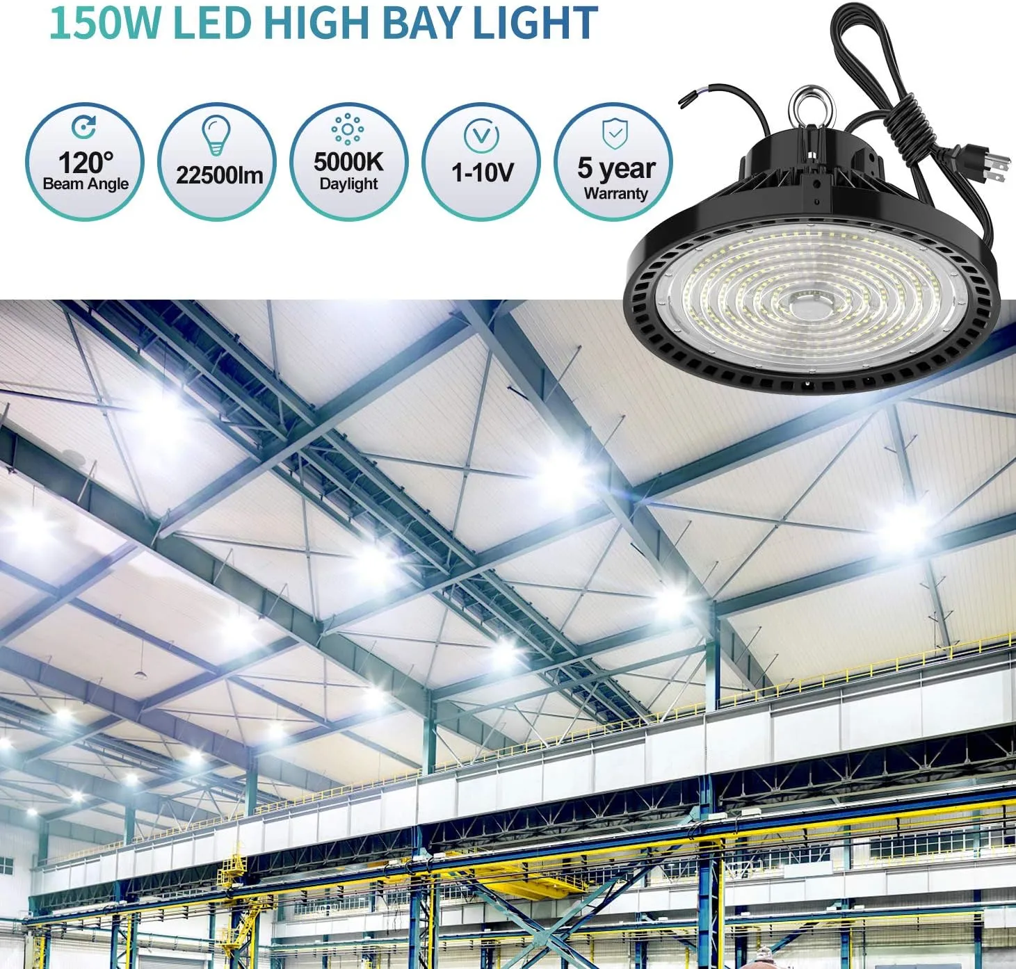 High Bay LED Light 200 Watt 1-10V Dimmable 30000 Lumen, DLC Listed 5000K Bright White, 800W HPS or MH Bulbs Equivalent, Industrial Highbay Light, Warehouse Light Fixtures, AC 90-277V
