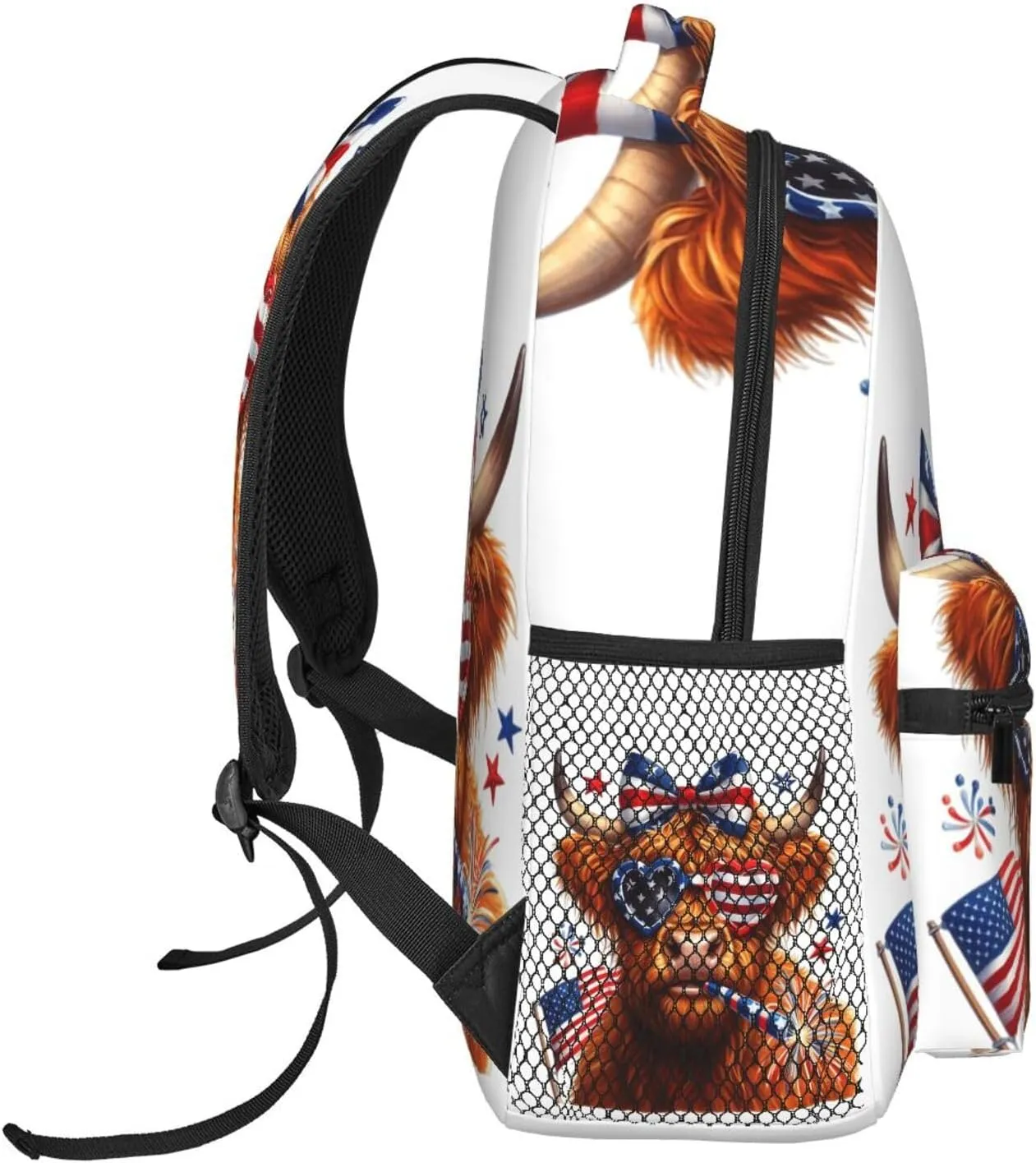 Highland Cow American Flag Wear Glasses Backpack Lightweight Laptop Backpack Casual Daypack Travel Double Shoulder Bag For Women Men