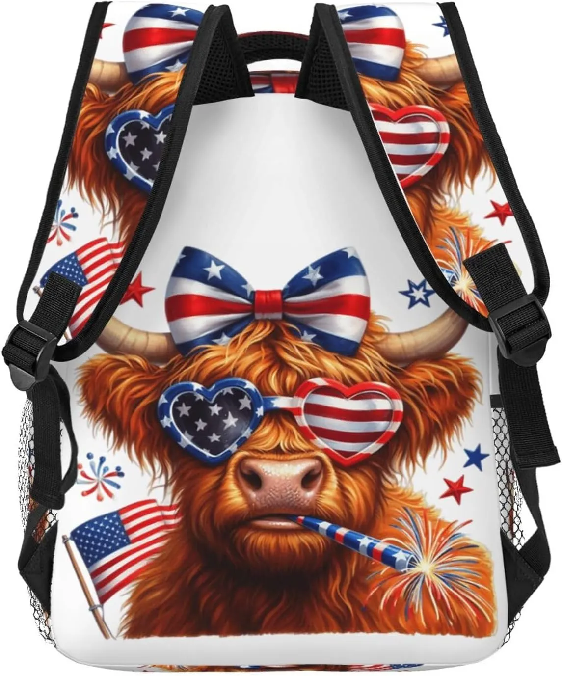 Highland Cow American Flag Wear Glasses Backpack Lightweight Laptop Backpack Casual Daypack Travel Double Shoulder Bag For Women Men