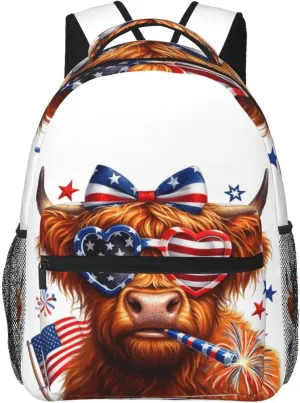 Highland Cow American Flag Wear Glasses Backpack Lightweight Laptop Backpack Casual Daypack Travel Double Shoulder Bag For Women Men