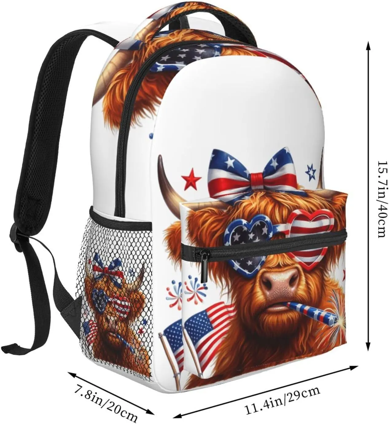 Highland Cow American Flag Wear Glasses Backpack Lightweight Laptop Backpack Casual Daypack Travel Double Shoulder Bag For Women Men