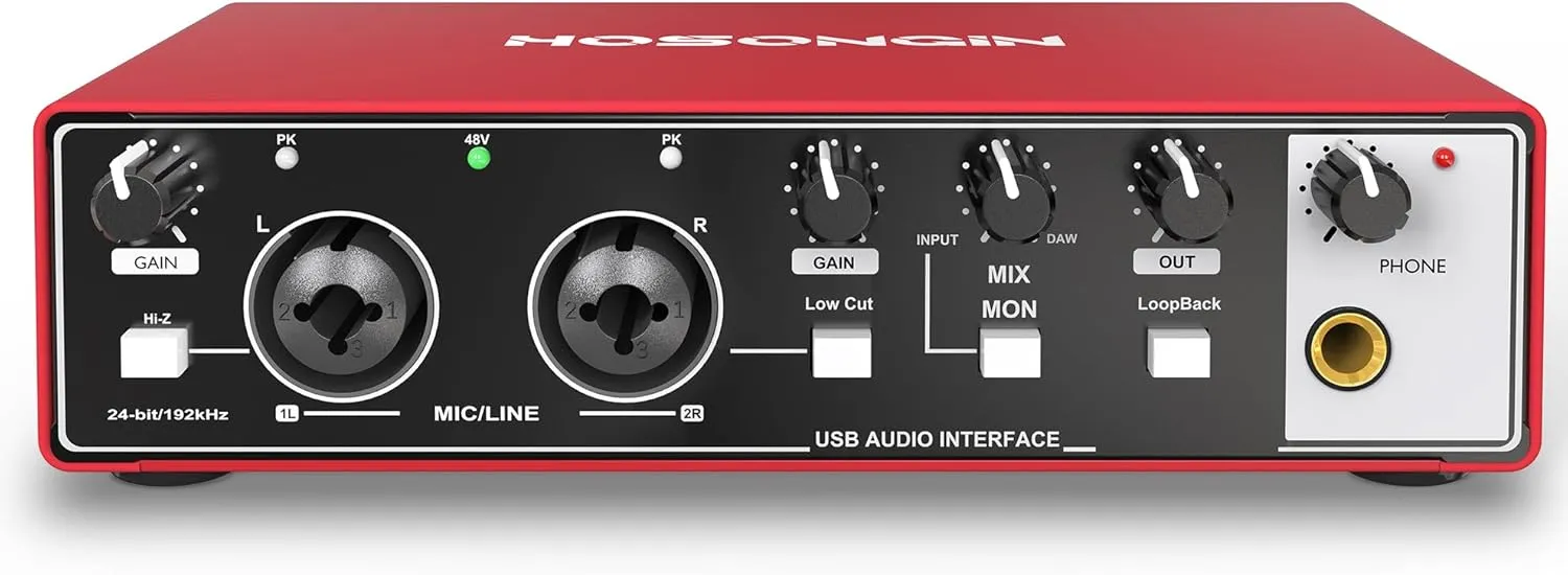 HOSONGIN 2i2 USB Audio Interface for Beginners - 24Bit/192kHz, 48V Phantom Power, Plug & Play Recording for Podcast/Vocals/Guitar/Youtube, PC/Mac/iOS Compatible (Red Metal)
