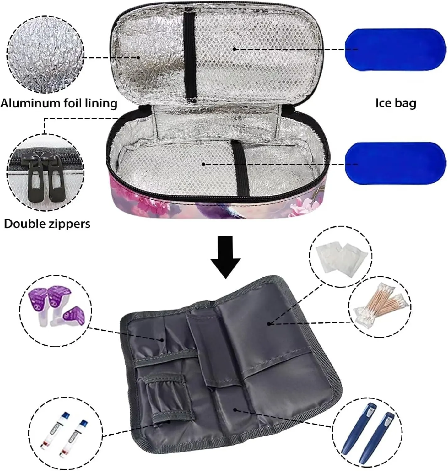 Hummingbird Flower Insulin Cooler Travel Case Portable Cooling Bag for Insulin Pen, Medication Cooler Bag for Blood Glucose Monitor Supplies Insulin Pouch Diabetic Kit Beige