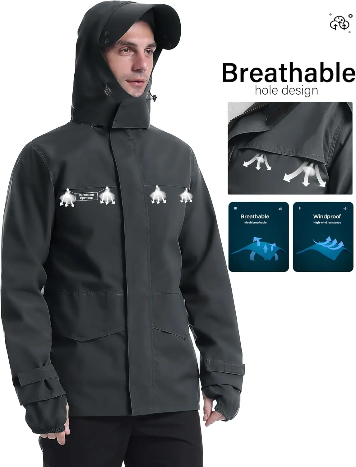 iCreek Rain Jacket Men's Lightweight with Hood Packable Waterproof Raincoat Breathable Antistorm Jacket Windbreaker