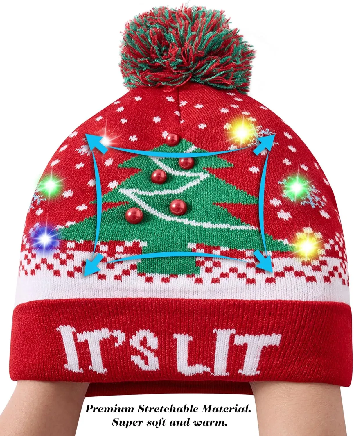 Idgreatim Unisex LED Light-up Ugly Christmas Sweater Hat Novelty Knitted Xmas Beanie Cap for Party(6 Light)