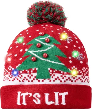 Idgreatim Unisex LED Light-up Ugly Christmas Sweater Hat Novelty Knitted Xmas Beanie Cap for Party(6 Light)