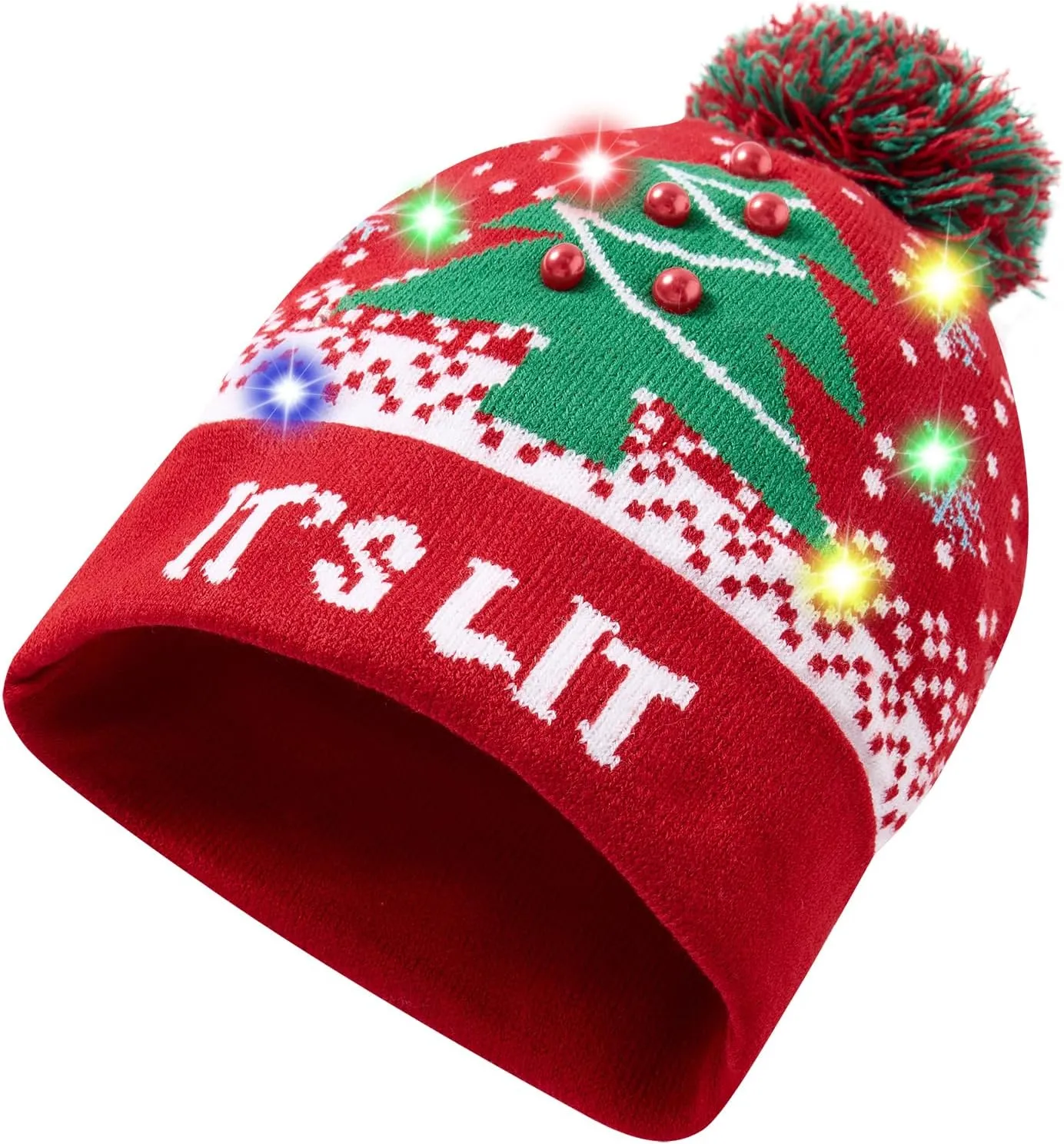 Idgreatim Unisex LED Light-up Ugly Christmas Sweater Hat Novelty Knitted Xmas Beanie Cap for Party(6 Light)