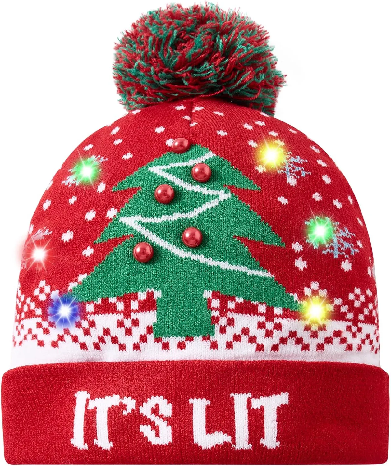Idgreatim Unisex LED Light-up Ugly Christmas Sweater Hat Novelty Knitted Xmas Beanie Cap for Party(6 Light)